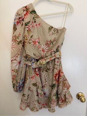 Hemant & Nandita One Shoulder Floral Tan Short Mini Dress with Belt Size XS